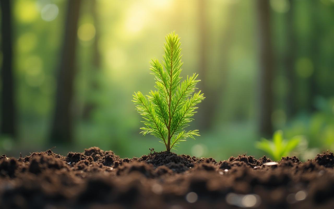 Young spruce tree sapling growing in natural forest setting