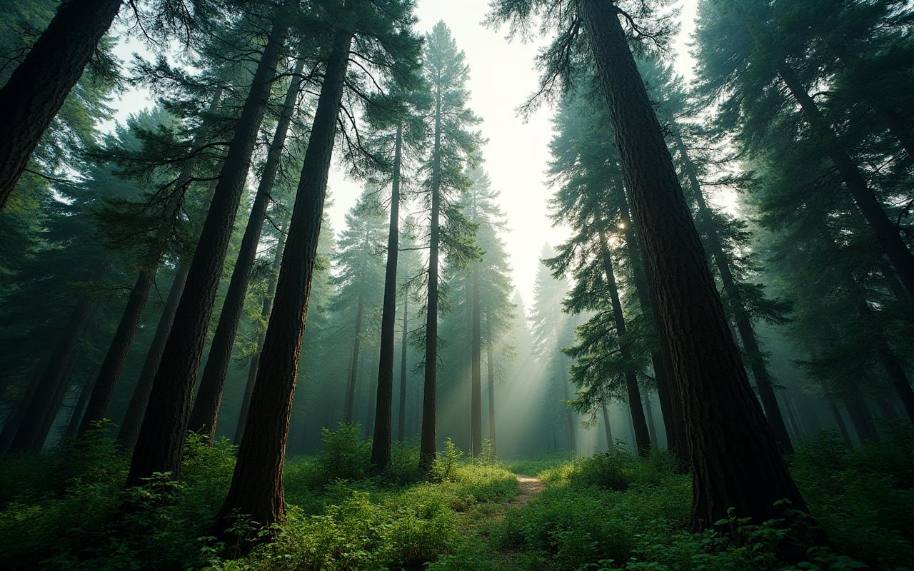 Mighty spruce trees in a dense evergreen forest